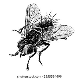 Sketches of one fly insect closeup, realistic hand drawn illustration isolated on white