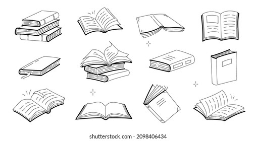 Sketches of open and closed books, stack of textbooks, dictionary or novels with blank covers. Vector doodle icons of literature for library, store, university or school isolated on white background