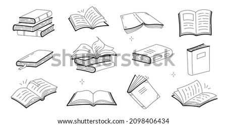 Sketches of open and closed books, stack of textbooks, dictionary or novels with blank covers. Vector doodle icons of literature for library, store, university or school isolated on white background