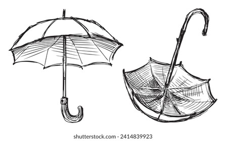 Sketches of opened umbrellas, hand drawn vector illustration isolated on white