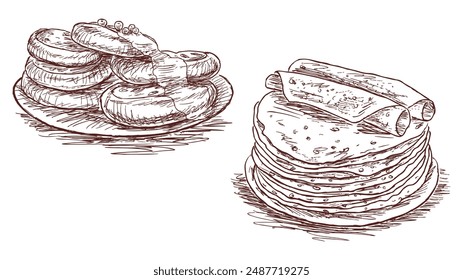 Sketches of pancake, cheesecakes, jam, dessert, sweet, food for breakfast, plates, knife and fork, hand drawn vector illustration isolated on white