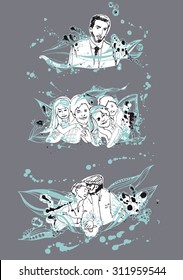 Sketches people made with ink. Abstract picture. Persons in family. Black blob and color line on creative illustration