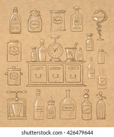 Sketches of pharmacy objects on vintage background. Pharmacy bottles, mortar and pestle, old apothecary cabinet, scales etc. 