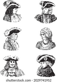 Sketches of portraits noble people in historical theatrical costumes of the 18th century