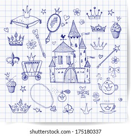 Sketches of princess' accessories. Vector pen sketch illustration.