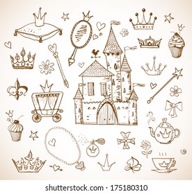 Sketches of princess' accessories. Vector sketch illustration. Hand-drawn in vintage style.