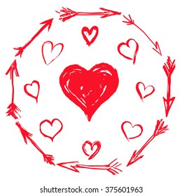 Sketches of red hearts with arrows. Set of red grungy hearts. Symbols of love and romance. Signs of Valentine's day