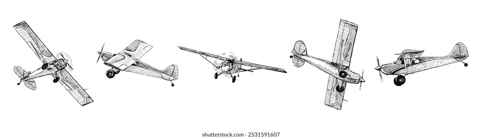 Bocetos de aviones retro en vuelo, dibujo a mano realista, Ilustración vectorial aislada en blanco
