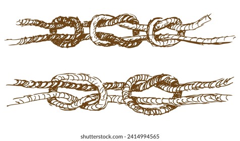 Esbozos de cuerda de maduración atados en varios nudos marinos, ilustración aislada en blanco