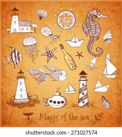 Sketches of sea elements. Lighthouses, fishes, submarine, jellyfish etc. Vector illustration.