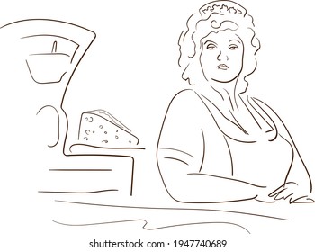 Sketches of the seller in the store with weights