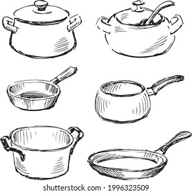 Sketches of set of various kitchenware for cooking