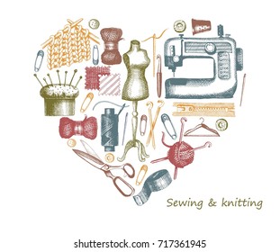 Sketches of sewing and needlework. Vector illustration of tools and materials in the form of a heart