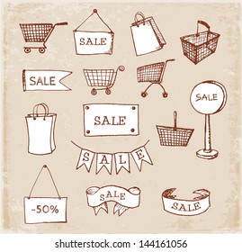 Sketches of shopping objects hand drawn in vintage style. Vector illustration.