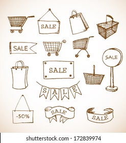 Sketches of shopping objects hand drawn in vintage style. Vector illustration