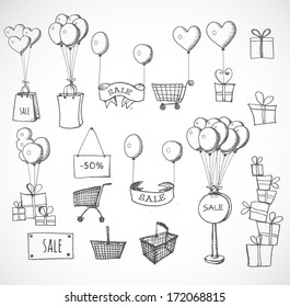 Sketches of shopping objects isolated on white. Vector illustration. 