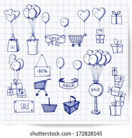 Sketches of shopping objects isolated on white. Vector illustration. 