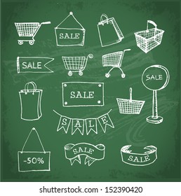 Sketches of shopping objects on chalkboard.. Vector blackboard illustration. 