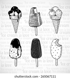 Sketches of six kinds of ice-cream. Ice cream cone, classic chocolate stick ice cream, ice cream scoops decorated with mint, chocolate topping.