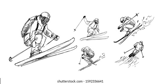 Sketches of  skiers. Outline with transparent background. Hand drawn illustration converted to vector