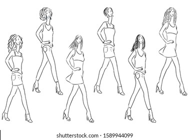 Sketches of slender young women striding on catwalk