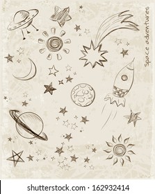 Sketches of space objects: the Sun, the Moon, stars, rocket, Saturn planet. Vector illustration. Hand-drawn in vintage style. 