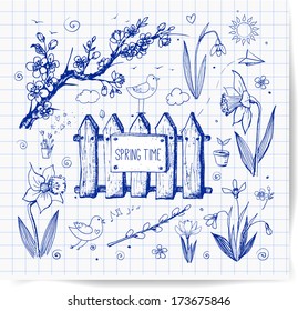 Sketches of spring objects: daffodils, crocus, pussy willow, snowdrops, birds. Vector illustration.
