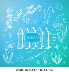 Sketches of spring objects: daffodils, crocus, pussy willow, snowdrops, birds isolated on white. Vector illustration.