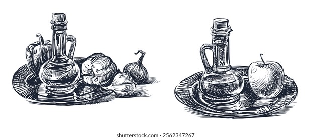 Sketches of still life with oil bottle, peppers, garlic, apple on metal tray, realistic hand drawn vector illustration