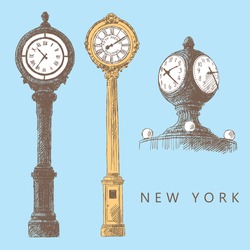 Sketches Of Street Clocks And Clocks In Grand Central Terminal, New York, USA. Vintage Old Design, Hand-drawn, Vector. Silhouettes From Lines. Collection For Retro Style Design.