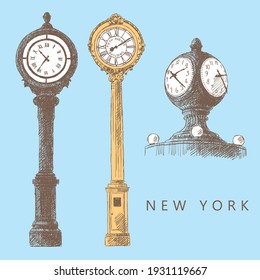 Sketches of street clocks and clocks in Grand Central Terminal, New York, USA. Vintage old design, hand-drawn, vector. Silhouettes from lines. Collection for retro style design.