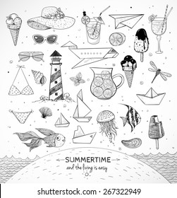 Sketches of summer elements. Ice cream, cocktails, paper boats, paper planes, sunglasses, sea animals. Vector illustration.