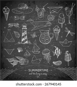 Sketches of summer elements. Ice cream, cocktails, paper boats, paper planes, sunglasses, sea animals. Vector illustration.
