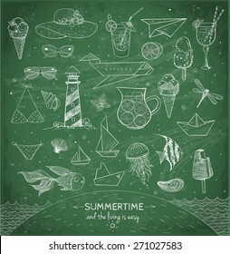 Sketches of summer elements on blackboard. Ice cream, cocktails, paper boats, paper planes, sunglasses, sea animals. Vector illustration.
