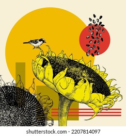 
 Sketches of sunflowers, sparrow, seeds and geometric shapes. Collage. Vector illustration.  
