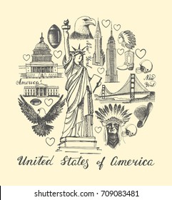 Sketches of symbols of the USA in the form of a circle