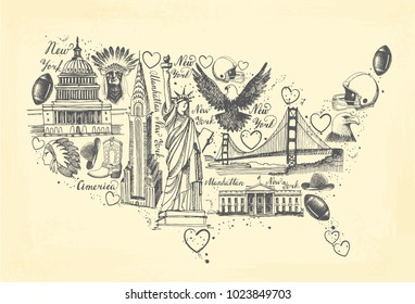 Sketches of symbols of the USA in the form of a map