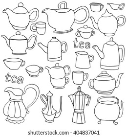 Sketches of tea and coffee objects. Hand drawn with ink. Vector illustration. Isolated on white