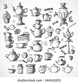 Sketches of tea objects. Hand drawn with ink in vintage style. Vector illustration.