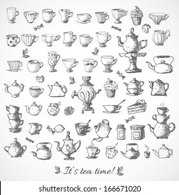 Sketches of tea objects. Hand drawn with ink.. Vector illustration. 