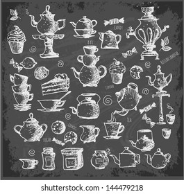 Sketches of tea objects on blackboard. Vector illustration.