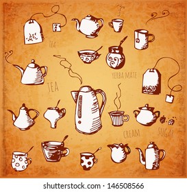 Sketches of tea objects in vintage style: teapots, cups, mugs etc. Vector illustration. 