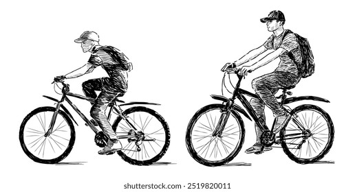 Sketches of teen boys with backpacks riding bicycles on summer day, side view, realistic hand drawin vector illustration