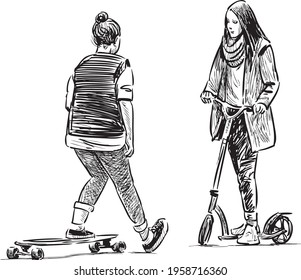 Sketches of teenage girls outdoor activities with skateboard and scooter