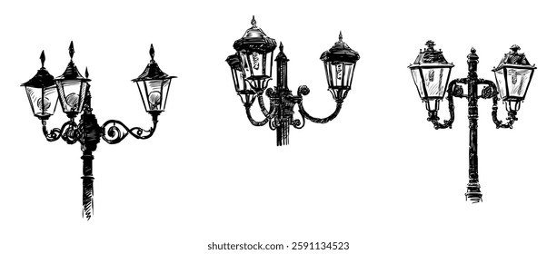 Sketches of three different antique street lamps, retro lanterns, vintage streetlight, vector hand drawings isolated on white