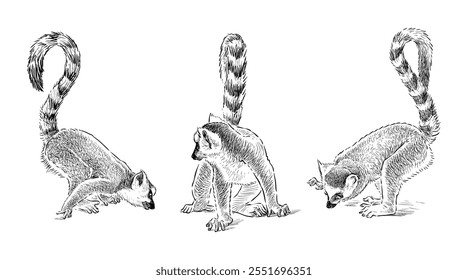 Bocetos de tres divertidos monos lémures juguetones con colas largas a rayas, ilustración realista dibujada a mano aislada en blanco