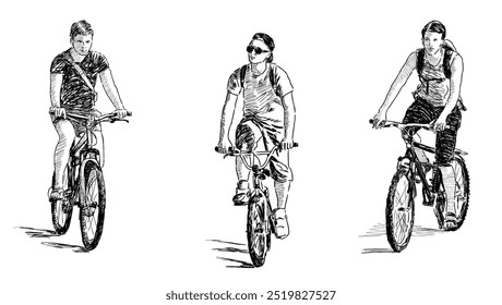 Sketches of three teen boys riding bicycles on summer day, front view, realistic hand drawin vector illustration