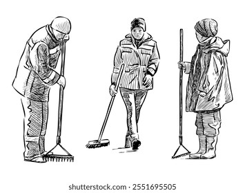 Sketches of three yard sweepers, gardeners, janitors with rakes working outdoors, realistic hand drawn vector illustration isolated on white