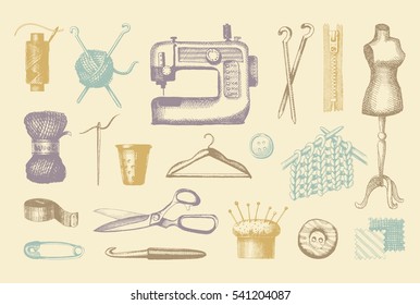 Esbozos de herramientas y materiales para coser y tejer