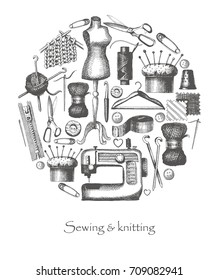 Sketches of tools and materials for sewing and knitting in the form of a circle